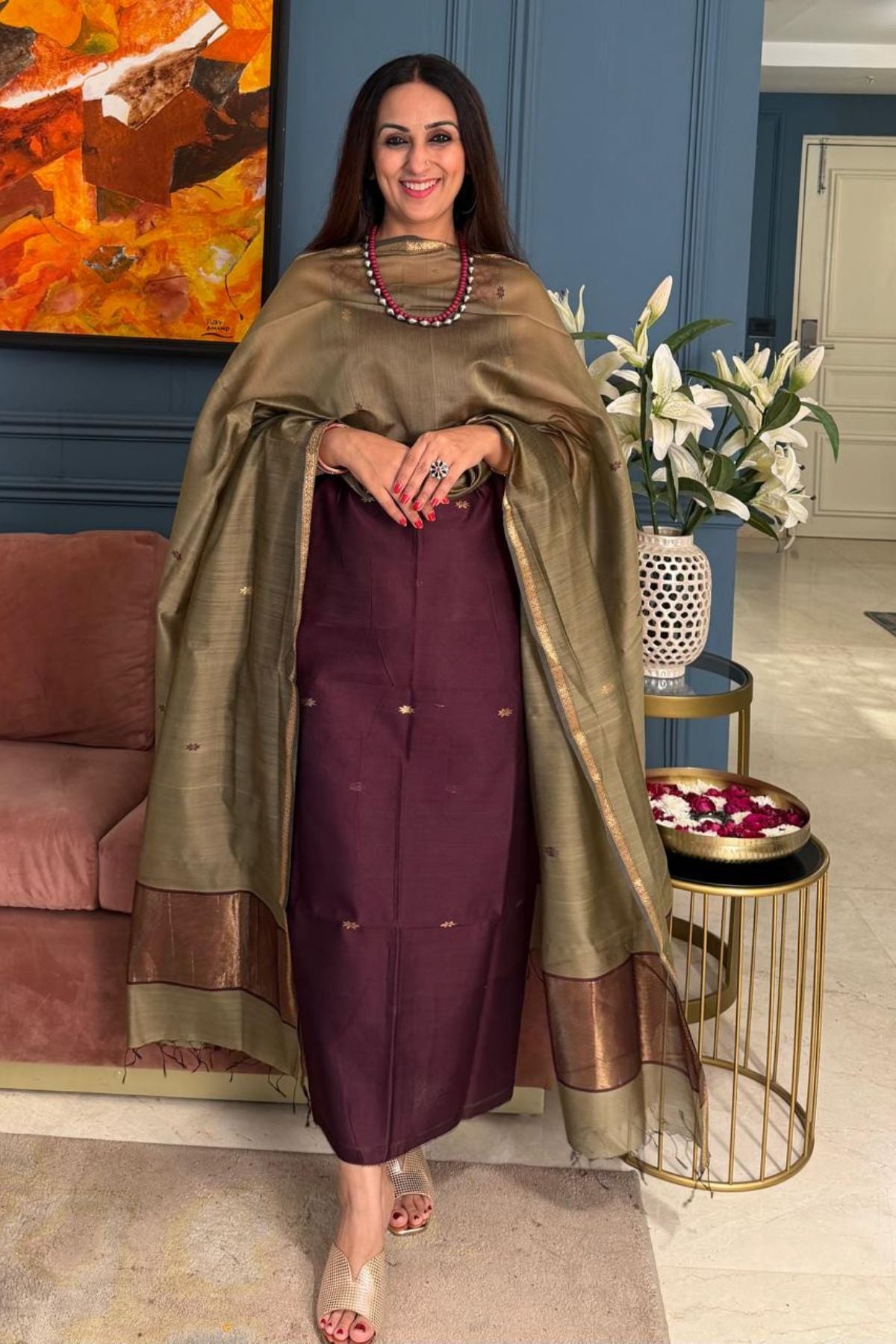 Maheshwari handloom silk by cotton kurta dupatta set
